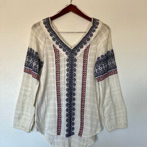 Free People Embroidered White and Blue Women's Top